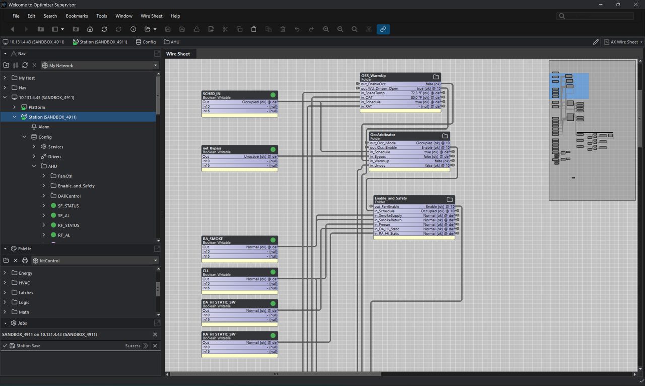 Niagara Workbench wire sheet in Keystone dark mode.