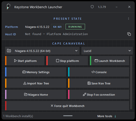 Keystone Workbench Launcher with More tools open, including Stop Fox connection and Force quit Workbench.