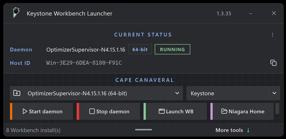 Keystone Workbench Launcher pad showing a running Niagara 4.15 daemon and Launch WB.